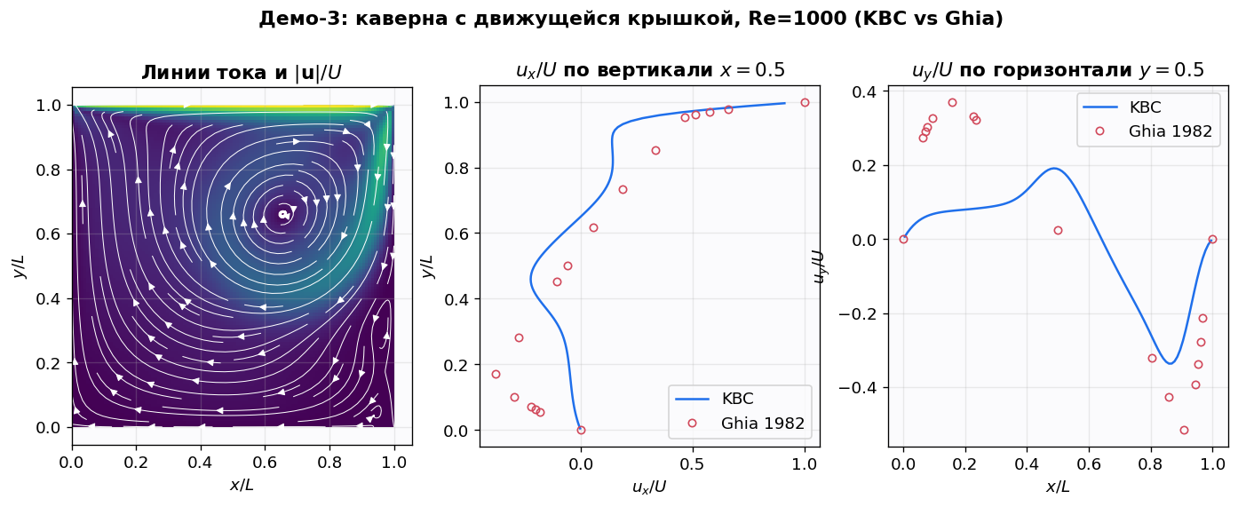 Каверна: линии тока и сравнение с Ghia